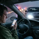 Distracted driver looking at phone while approaching oncoming vehicle highway