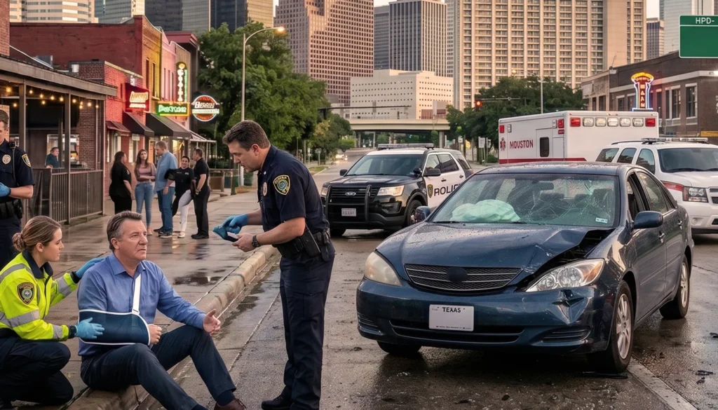 Police officer interviewing injured driver sitting near damaged car crash