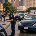 Police officer interviewing injured driver sitting near damaged car crash