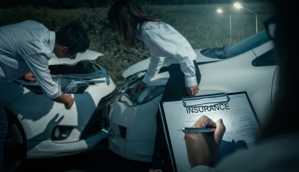 Insurance agent filling form while drivers inspect damaged car accident.