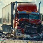 A heavily damaged red semi-truck involved in a highway crash with emergency responders present.