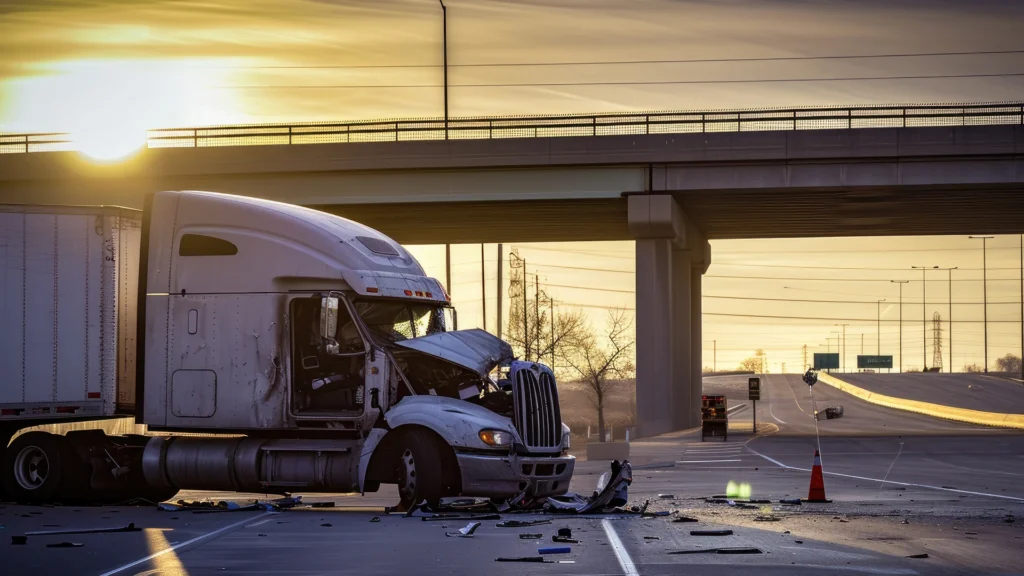 A semi-truck with front-end damage parked on a highway road at sunset near a bridge.