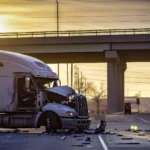 A semi-truck with front-end damage parked on a highway road at sunset near a bridge.